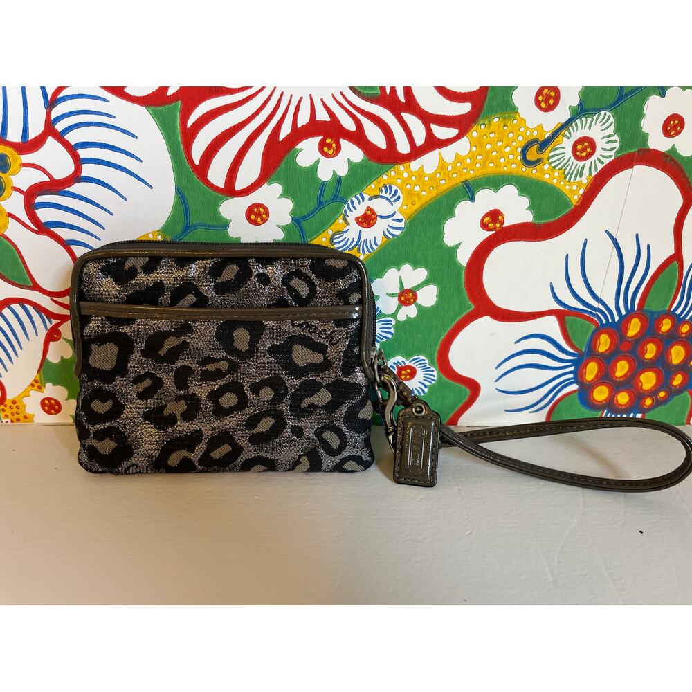 COACH Madison Ocelot Leopard Metallic Canvas Accordion Card Wallet Wristlet 🐆
